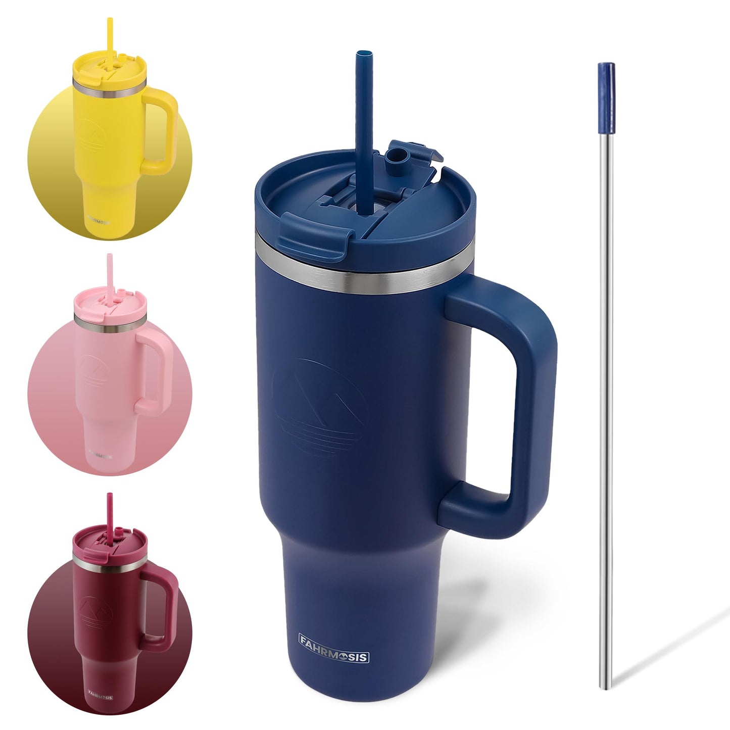 FAHRMOSIS 40 Oz Tumbler with Handle and Straw | Stainless Steel Vacuum Insulated Tumbler for Hot & Cold Drinks | Double Insulated Tumbler Reusable Water Bottle with Straw - Navy Blue