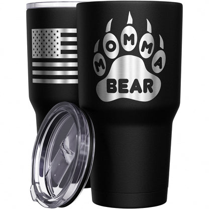 We The People Holsters - Momma Bear Paw - Coffee Tumbler - American Flag Coffee Travel Mug - Engraved Tumbler - Double Insulated Tumbler - 30 oz