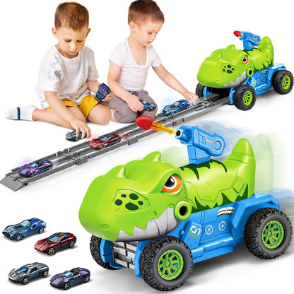 BainGesk Dinosaur Truck Toys for 2 3 4 5 6 Years Old Boys 2.8 Ft Race Track Cars Toys with 4 Metal Cars and Catapult Turret Birthday Gifts Kids Age 3-5 Racing Cars Toys Gifts for Toddlers