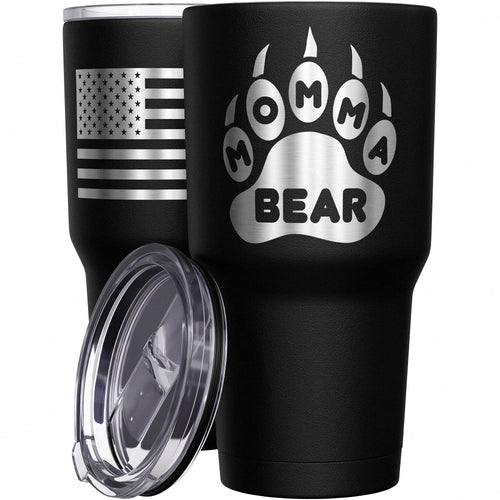 We The People Holsters - Momma Bear Paw - Coffee Tumbler - American Flag Coffee Travel Mug - Engraved Tumbler - Double Insulated Tumbler - 30 oz