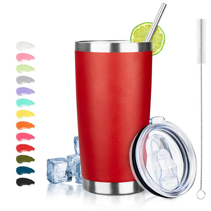 ATIKZHE 20oz Tumbler with Straw and Brush Stainless Steel Vacuum Insulated tumbler Double Wall Insulated Coffee Tumbler for Outdoor Home TravelOffice (Bright red1pcs)